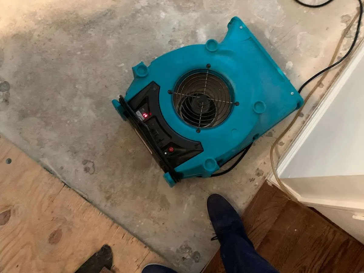 Air mover drying subfloor during Commercial Water Damage Restoration in Boonton